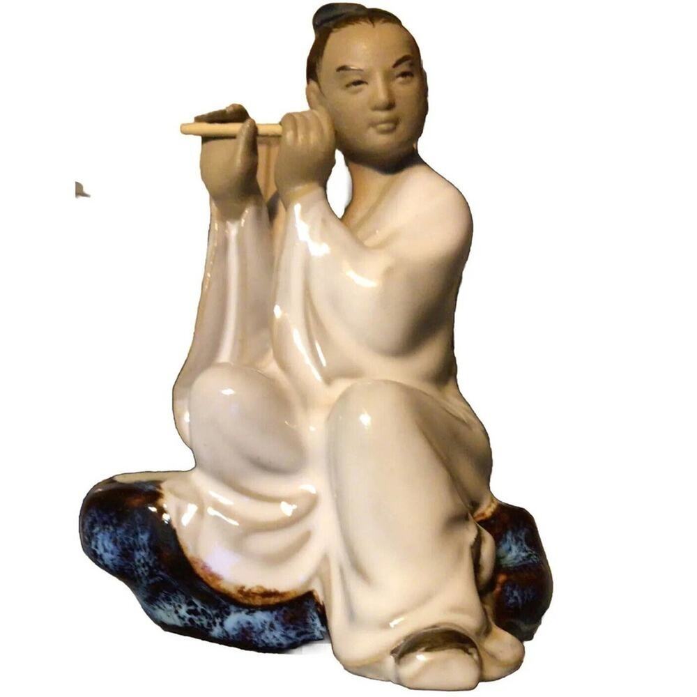 Vintage Chinese Mudman Figurine 4” Tall Sitting Flute Player Intact Makers Mark
